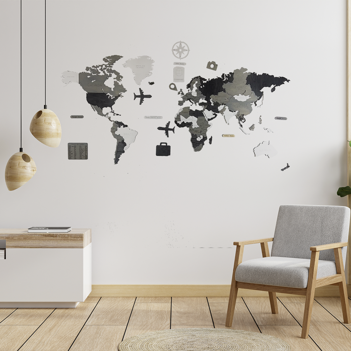 Mapa De Madera Multicolor Estilo Skandi