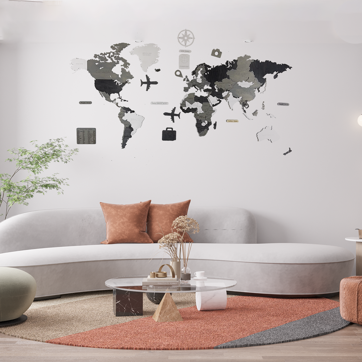 Mapa De Madera Multicolor Estilo Skandi