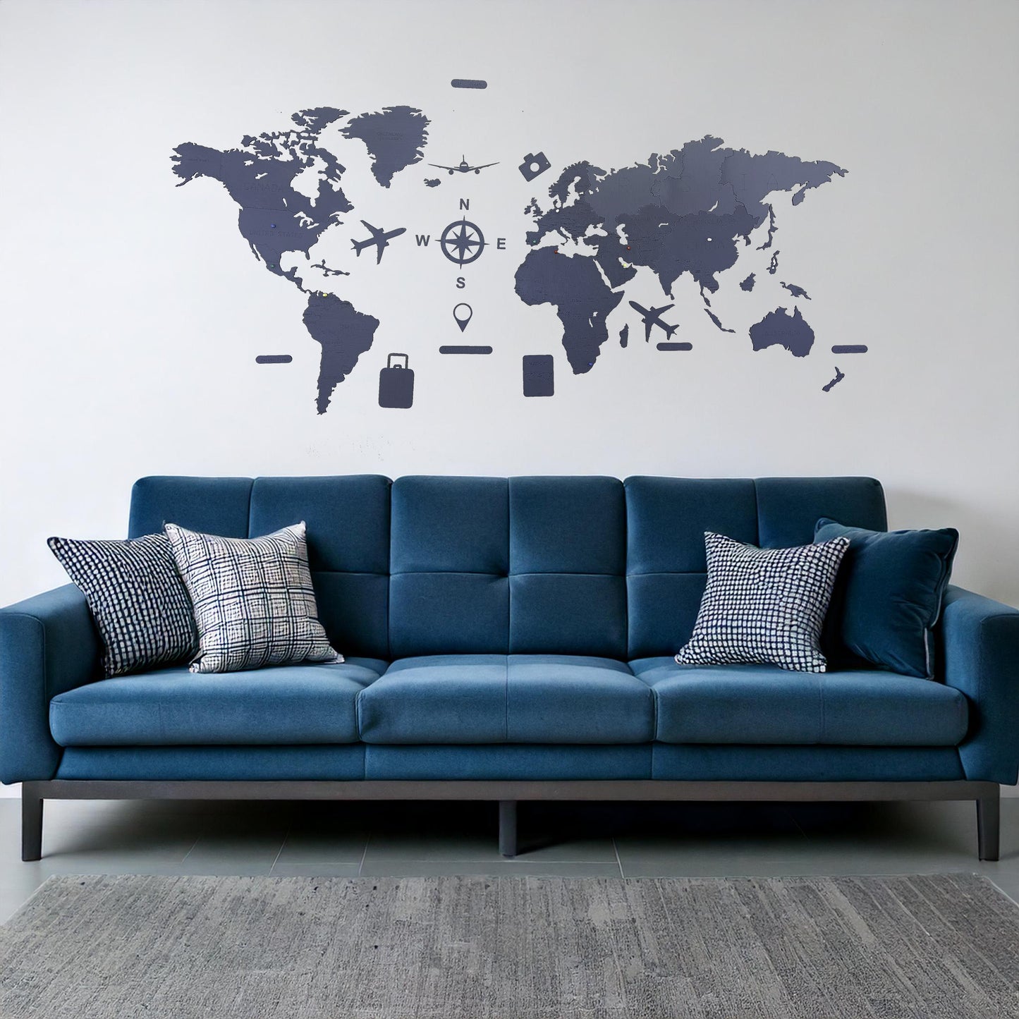 Mapa del Mundo en Madera Color Titanio | Decoración Minimalista y Moderna