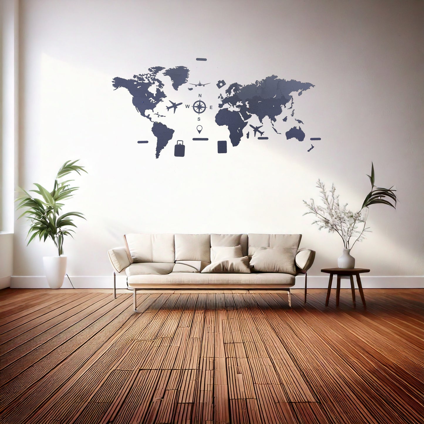 Mapa del Mundo en Madera Color Titanio | Decoración Minimalista y Moderna