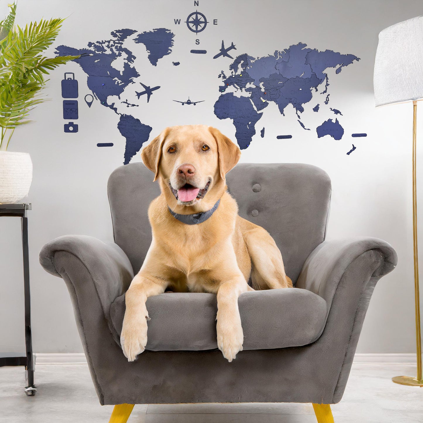 Mapa del Mundo en Madera Color Titanio | Decoración Minimalista y Moderna