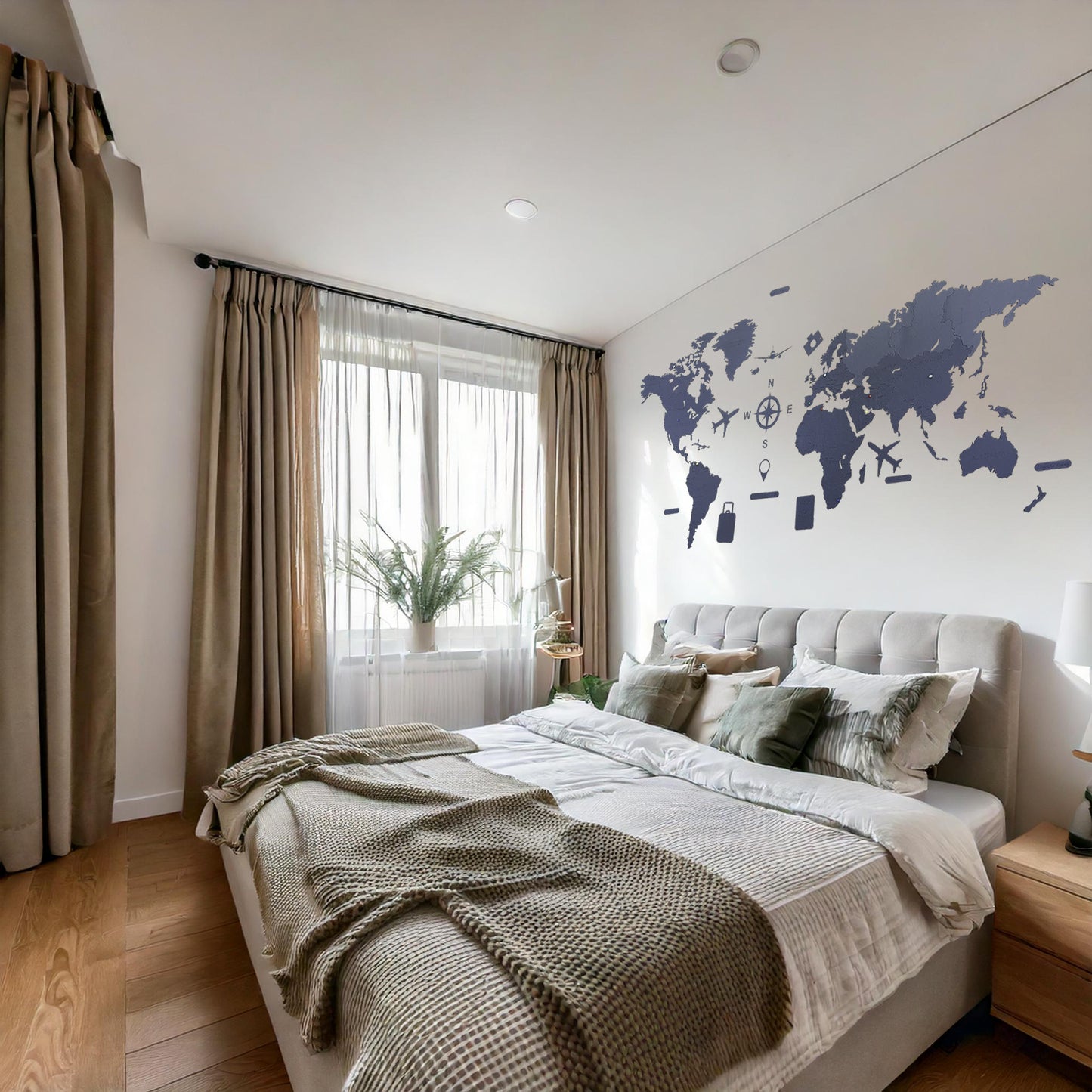 Mapa del Mundo en Madera Color Titanio | Decoración Minimalista y Moderna