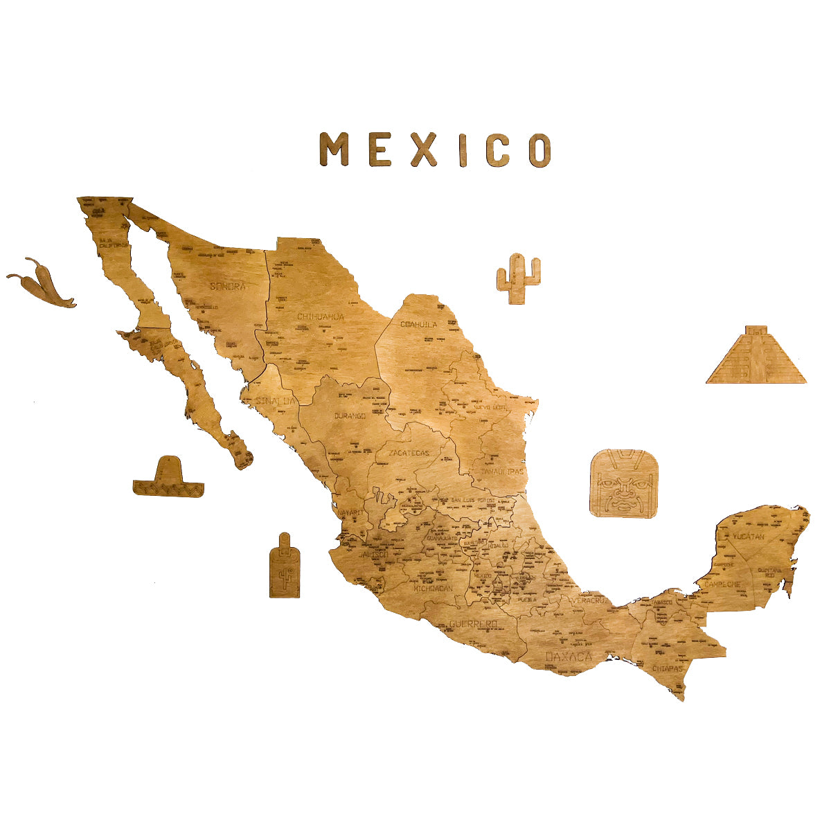 Mapa decorativo de México en color roble, elaborado en madera con nombres de estados y capitales; ideal para interiores cálidos y naturales.