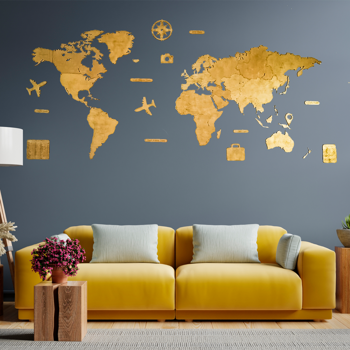 Mapa De Madera del mundo Color Oro