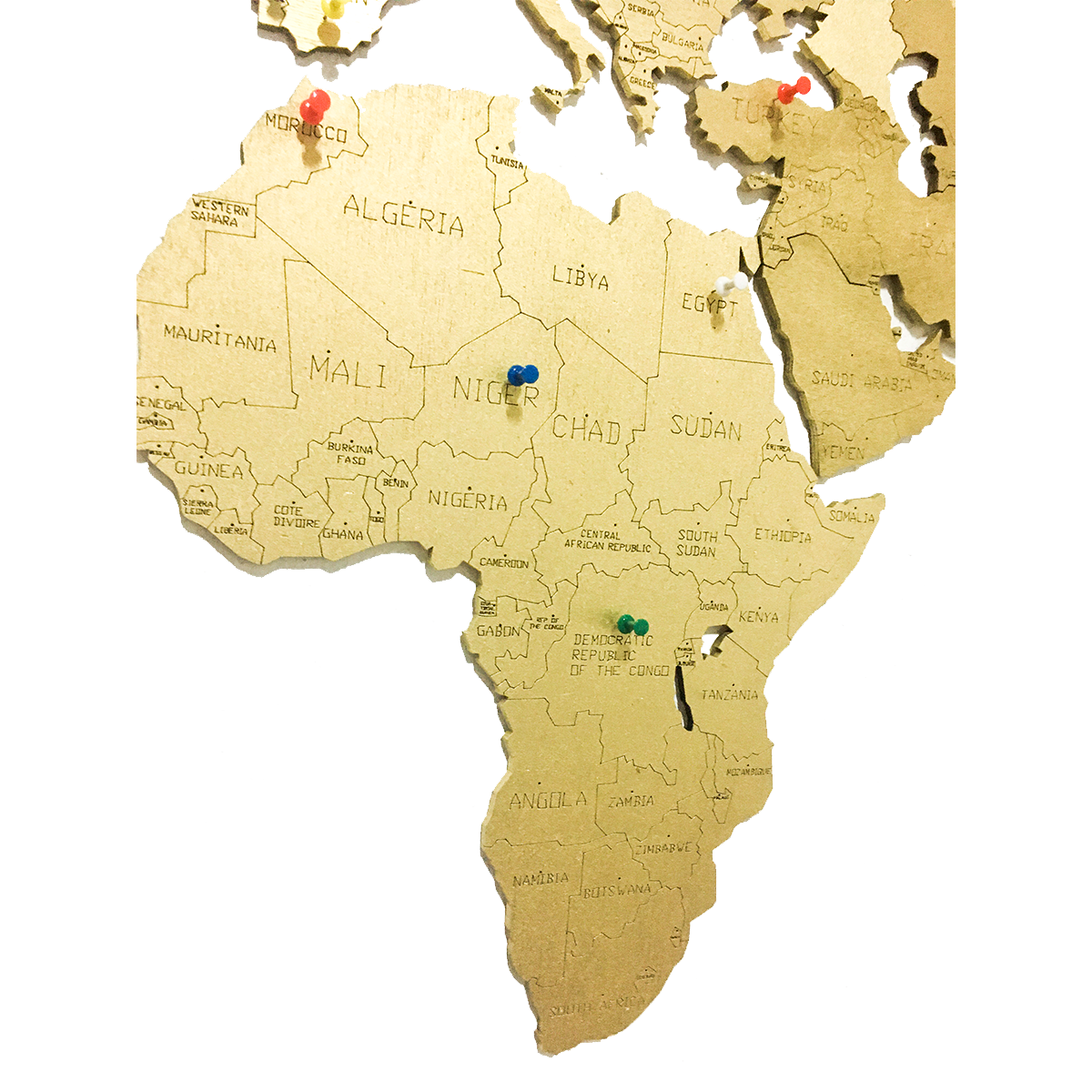 Mapa De Madera del mundo Color Oro