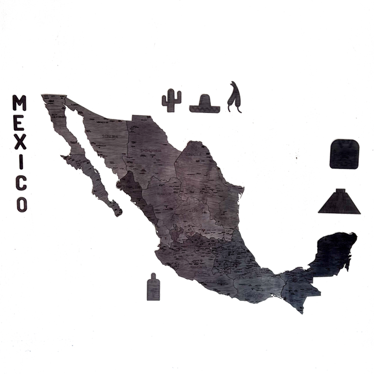 Mapa decorativo de México en color negro, hecho en madera contrachapada con nombres de estados y capitales, ideal para decoración elegante.