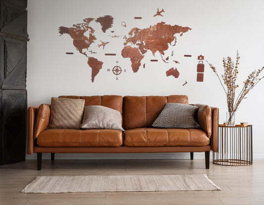Sala moderna decorada con mapa del mundo de madera caoba - Alcazar Decoraciones