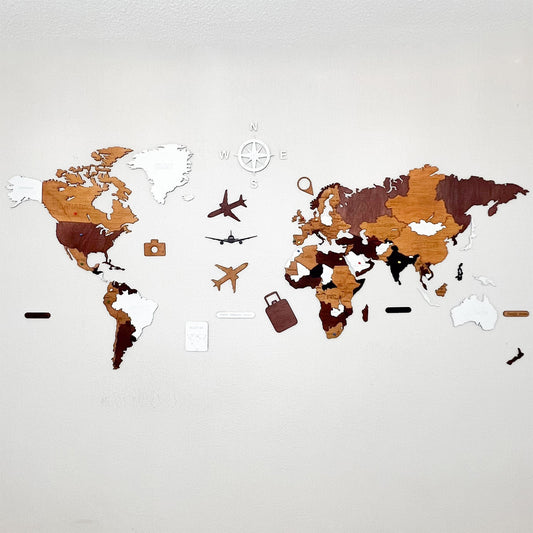 Mapa del mundo de madera estilo mediterraneo multicolor decorativo para pared - Alcazar Decoraciones