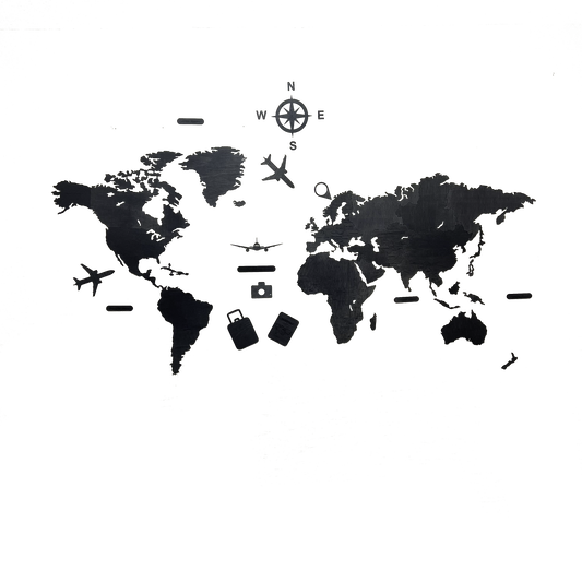Decoracion industrial con mapa del mundo de madera color negro - Alcazar Decoraciones