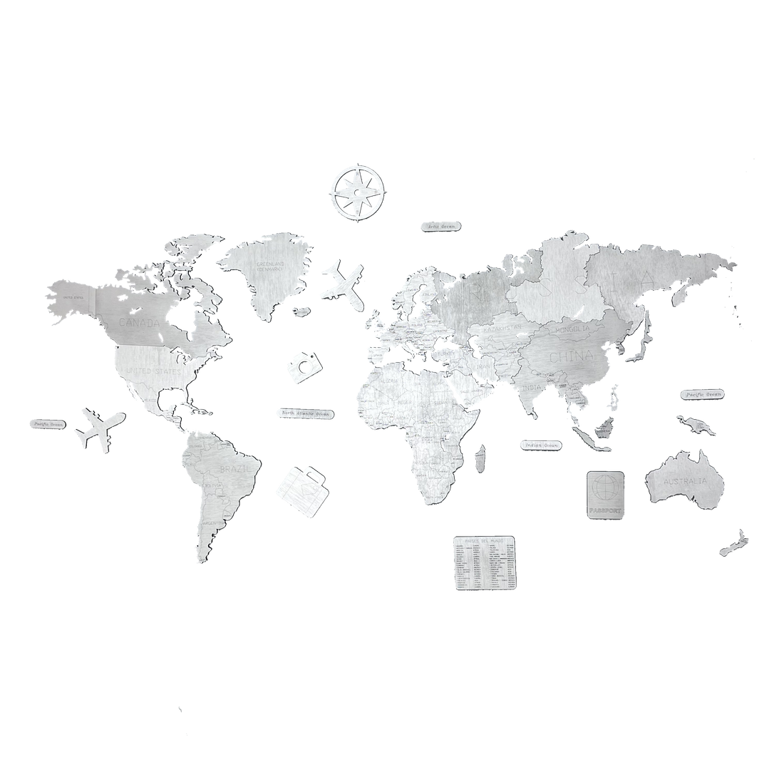 Mapa del mundo de madera color plata decorativo para pared - ideas para decorar con mapas - Alcazar Decoraciones