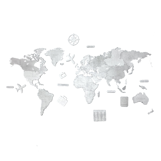 Mapa del mundo de madera color plata decorativo para pared - ideas para decorar con mapas - Alcazar Decoraciones