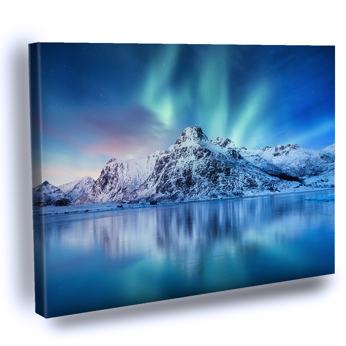 Cuadro Decorativo Aurora Boreal, Islas Lofoten, Noruega. Luego luz, montañas y océano helado. Paisaje invernal por la noche.