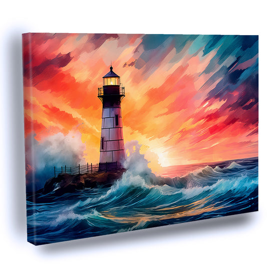 Cuadro Decorativo de Acuarela de Faro y Atardecer Tormentoso