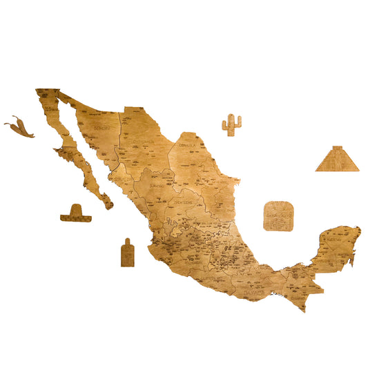 Mapa decorativo de México en color roble, elaborado en madera con nombres de estados y capitales; ideal para interiores cálidos y naturales.