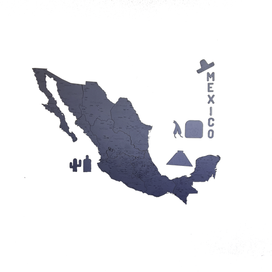 Mapa de México decorativo en madera color titanio de 150x90 cm, con división política, nombres de estados y capitales; ideal para decoración de pared moderna y elegante.